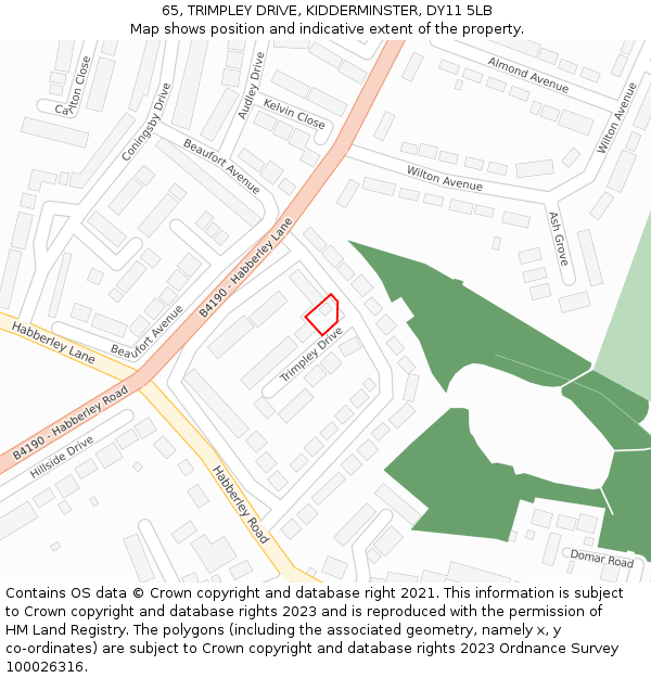 65, TRIMPLEY DRIVE, KIDDERMINSTER, DY11 5LB: Location map and indicative extent of plot
