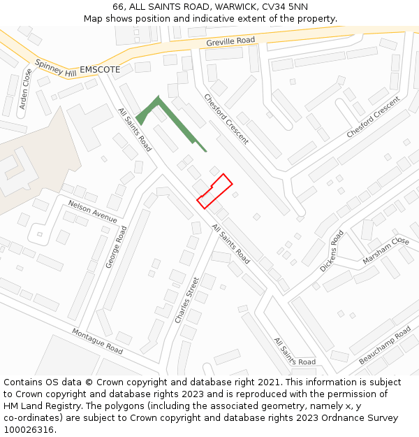 66, ALL SAINTS ROAD, WARWICK, CV34 5NN: Location map and indicative extent of plot