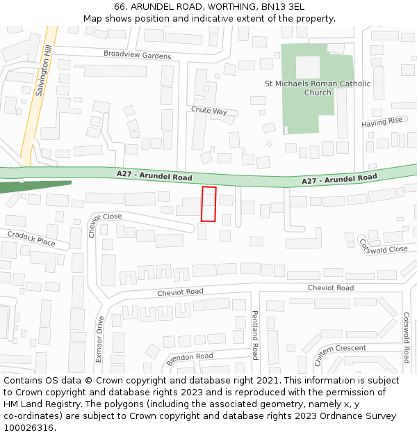 66, ARUNDEL ROAD, WORTHING, BN13 3EL: Location map and indicative extent of plot