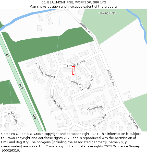 66, BEAUMONT RISE, WORKSOP, S80 1YG: Location map and indicative extent of plot