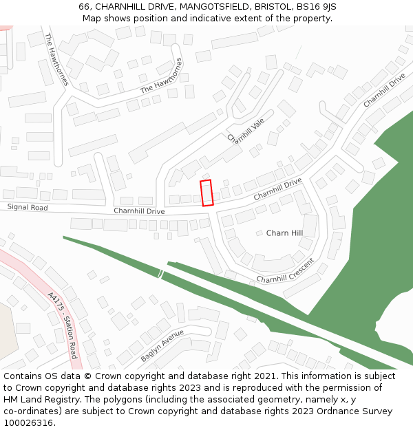 66, CHARNHILL DRIVE, MANGOTSFIELD, BRISTOL, BS16 9JS: Location map and indicative extent of plot