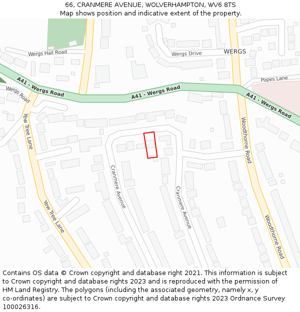 66, CRANMERE AVENUE, WOLVERHAMPTON, WV6 8TS: Location map and indicative extent of plot