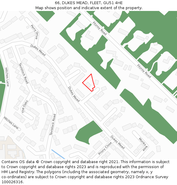 66, DUKES MEAD, FLEET, GU51 4HE: Location map and indicative extent of plot