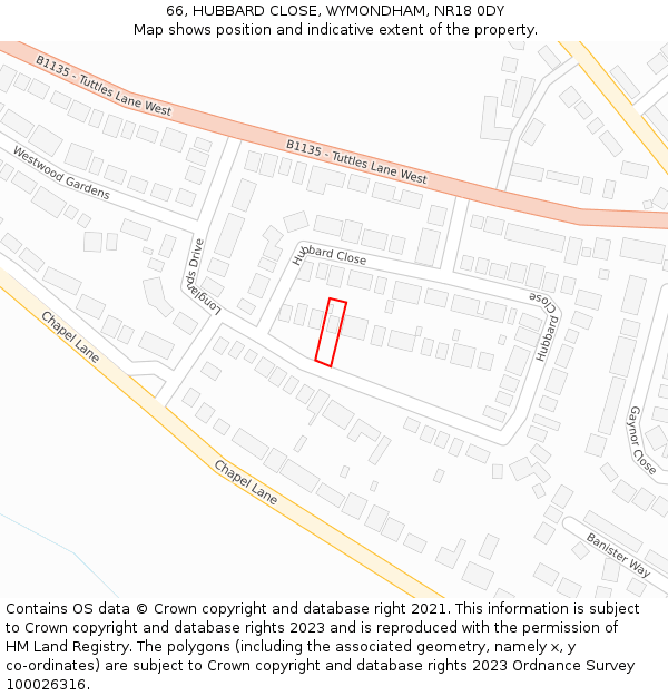 66, HUBBARD CLOSE, WYMONDHAM, NR18 0DY: Location map and indicative extent of plot