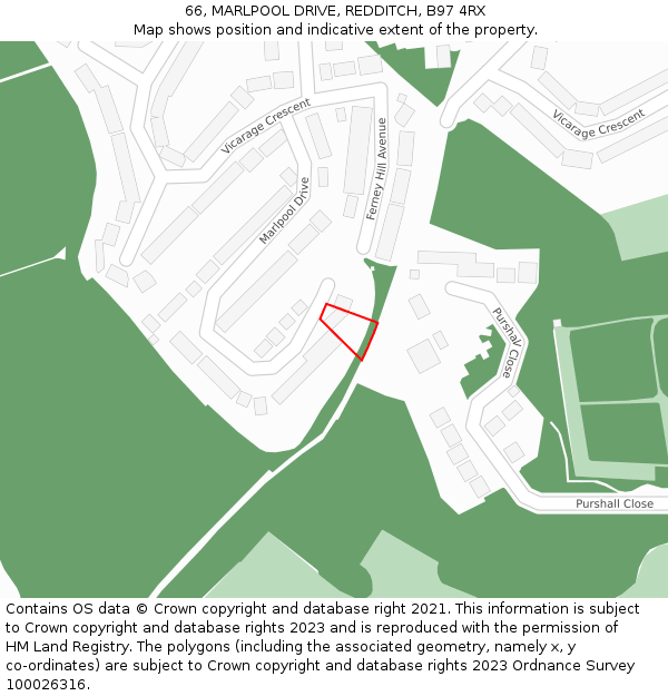 66, MARLPOOL DRIVE, REDDITCH, B97 4RX: Location map and indicative extent of plot