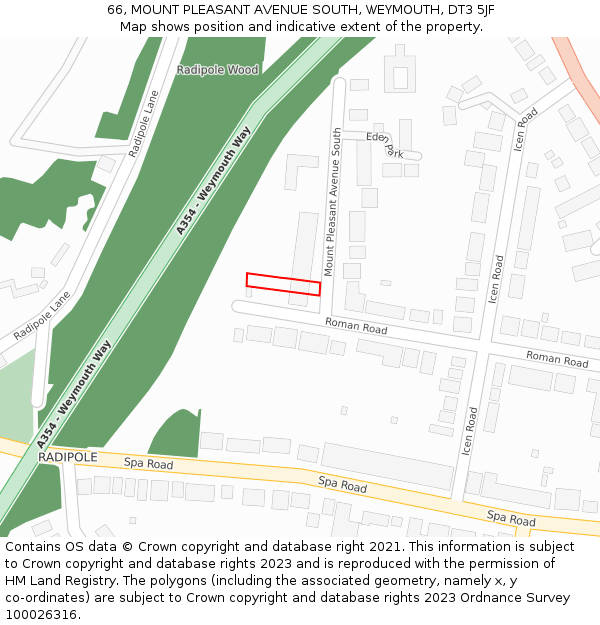 66, MOUNT PLEASANT AVENUE SOUTH, WEYMOUTH, DT3 5JF: Location map and indicative extent of plot