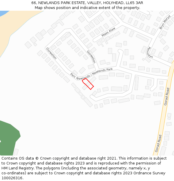66, NEWLANDS PARK ESTATE, VALLEY, HOLYHEAD, LL65 3AR: Location map and indicative extent of plot