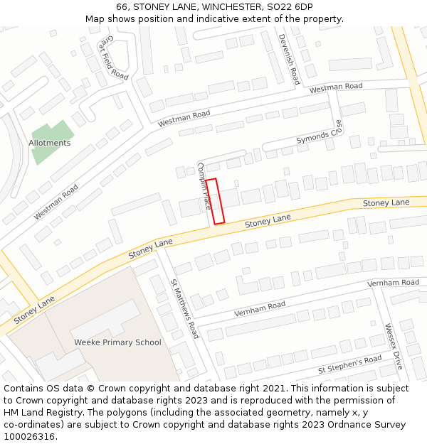 66, STONEY LANE, WINCHESTER, SO22 6DP: Location map and indicative extent of plot