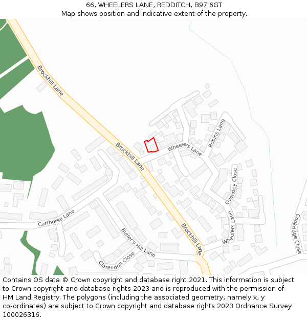 66, WHEELERS LANE, REDDITCH, B97 6GT: Location map and indicative extent of plot