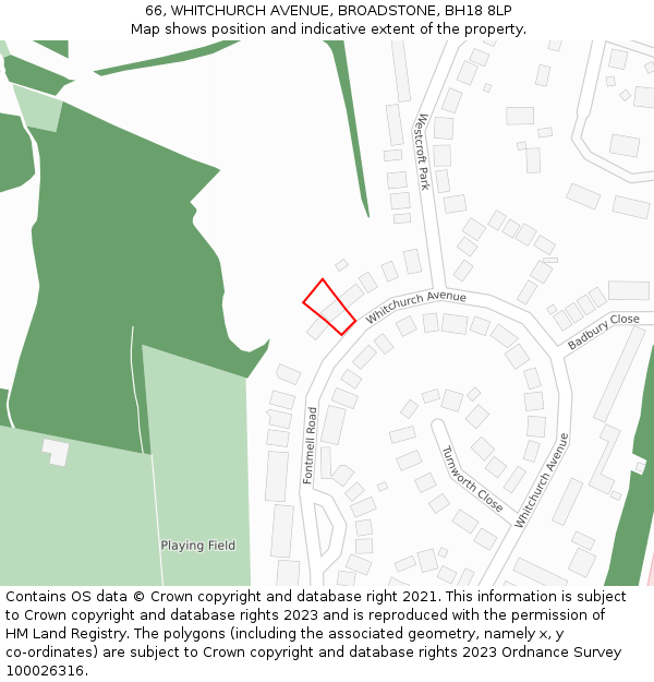 66, WHITCHURCH AVENUE, BROADSTONE, BH18 8LP: Location map and indicative extent of plot
