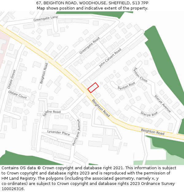 67, BEIGHTON ROAD, WOODHOUSE, SHEFFIELD, S13 7PP: Location map and indicative extent of plot
