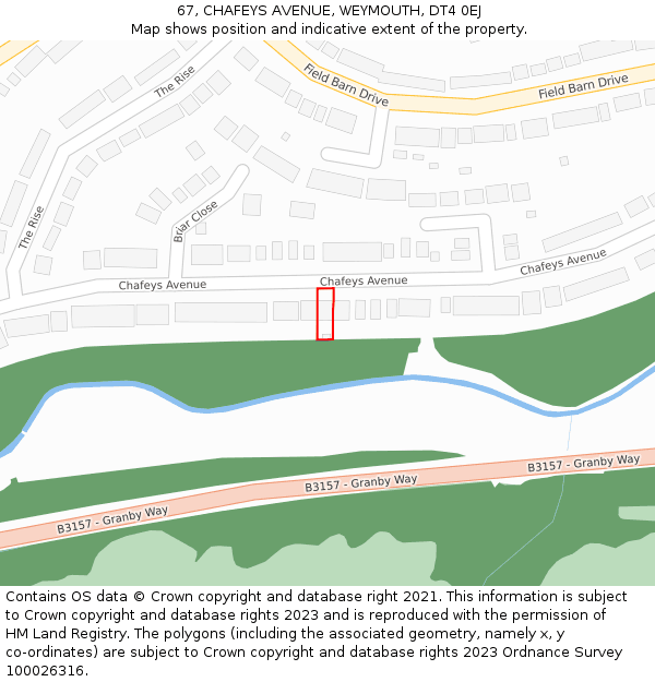 67, CHAFEYS AVENUE, WEYMOUTH, DT4 0EJ: Location map and indicative extent of plot