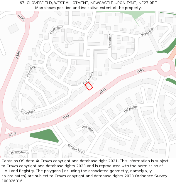 67, CLOVERFIELD, WEST ALLOTMENT, NEWCASTLE UPON TYNE, NE27 0BE: Location map and indicative extent of plot