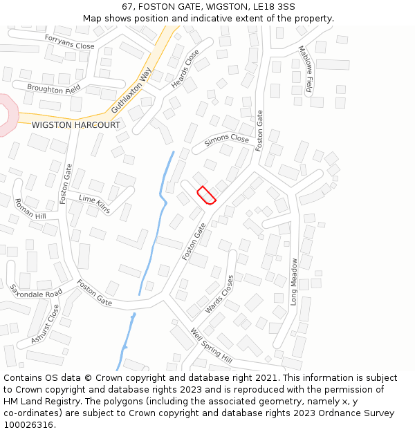 67, FOSTON GATE, WIGSTON, LE18 3SS: Location map and indicative extent of plot