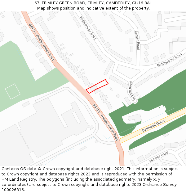 67, FRIMLEY GREEN ROAD, FRIMLEY, CAMBERLEY, GU16 8AL: Location map and indicative extent of plot