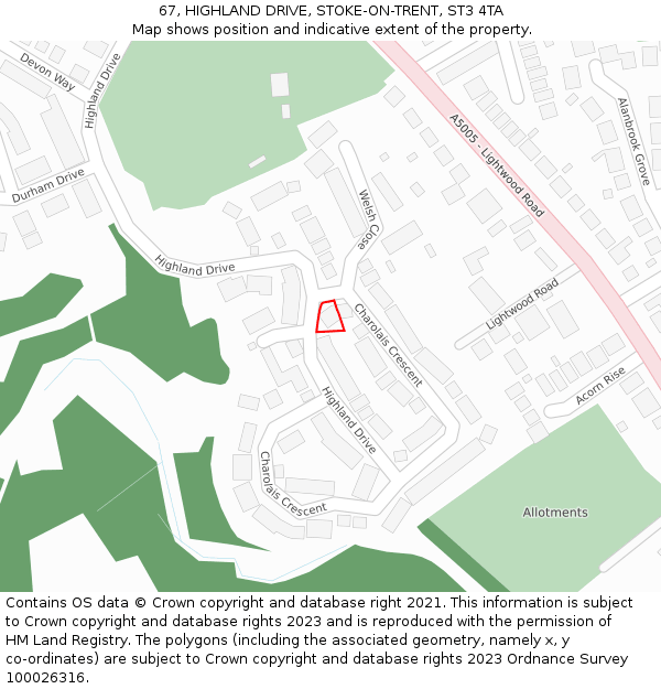 67, HIGHLAND DRIVE, STOKE-ON-TRENT, ST3 4TA: Location map and indicative extent of plot