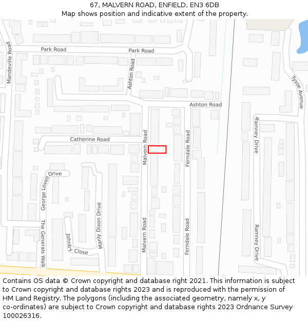 67, MALVERN ROAD, ENFIELD, EN3 6DB: Location map and indicative extent of plot