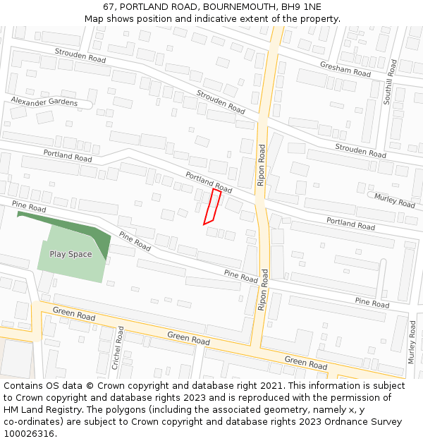 67, PORTLAND ROAD, BOURNEMOUTH, BH9 1NE: Location map and indicative extent of plot
