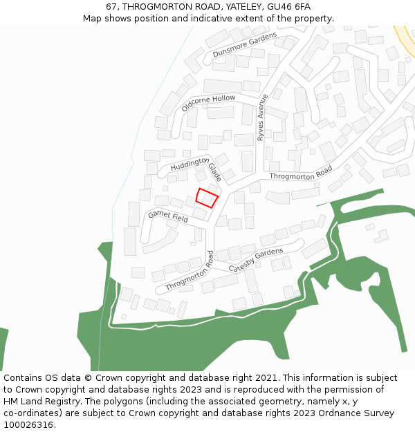 67, THROGMORTON ROAD, YATELEY, GU46 6FA: Location map and indicative extent of plot