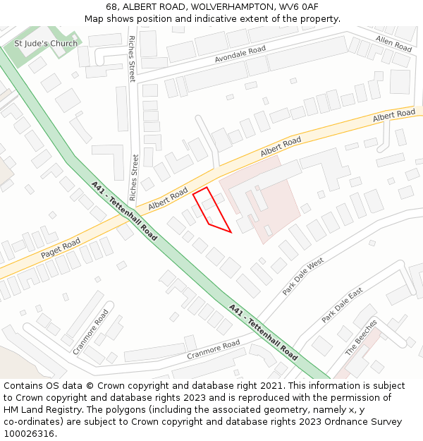 68, ALBERT ROAD, WOLVERHAMPTON, WV6 0AF: Location map and indicative extent of plot