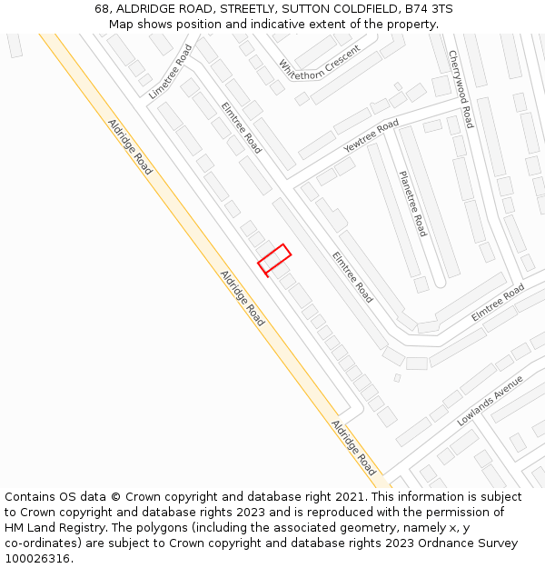 68, ALDRIDGE ROAD, STREETLY, SUTTON COLDFIELD, B74 3TS: Location map and indicative extent of plot