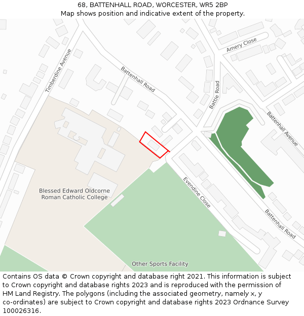 68, BATTENHALL ROAD, WORCESTER, WR5 2BP: Location map and indicative extent of plot
