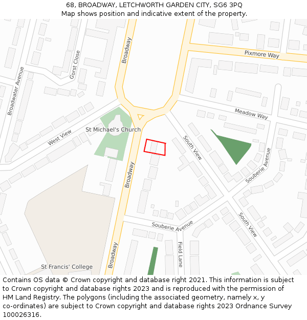 68, BROADWAY, LETCHWORTH GARDEN CITY, SG6 3PQ: Location map and indicative extent of plot