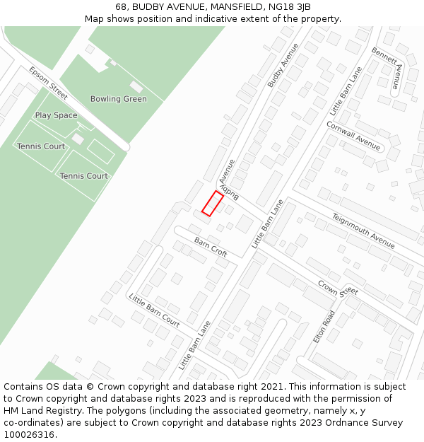 68, BUDBY AVENUE, MANSFIELD, NG18 3JB: Location map and indicative extent of plot