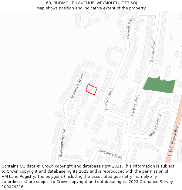 68, BUDMOUTH AVENUE, WEYMOUTH, DT3 6QJ: Location map and indicative extent of plot