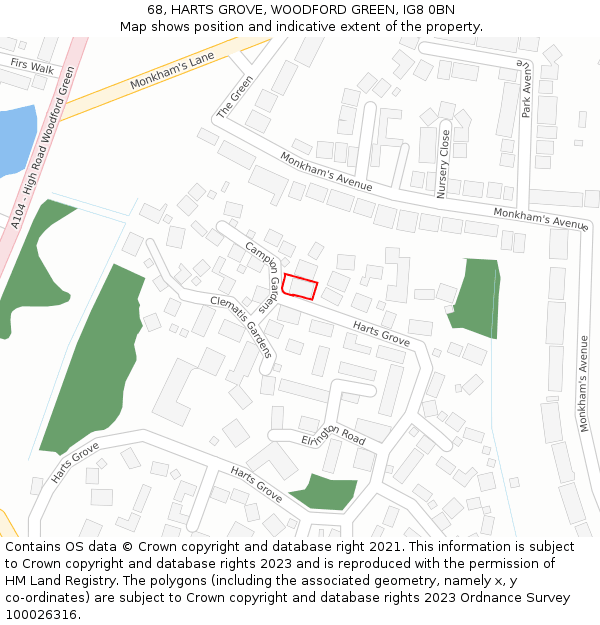 68, HARTS GROVE, WOODFORD GREEN, IG8 0BN: Location map and indicative extent of plot
