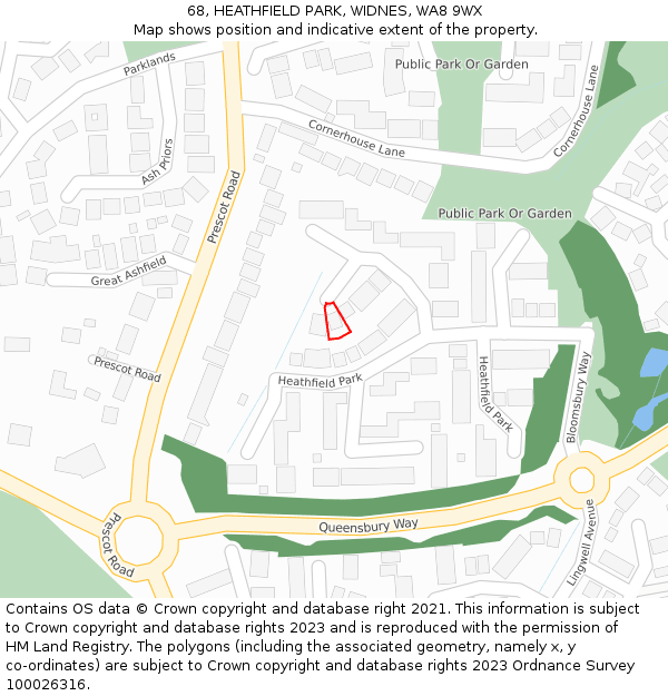 68, HEATHFIELD PARK, WIDNES, WA8 9WX: Location map and indicative extent of plot