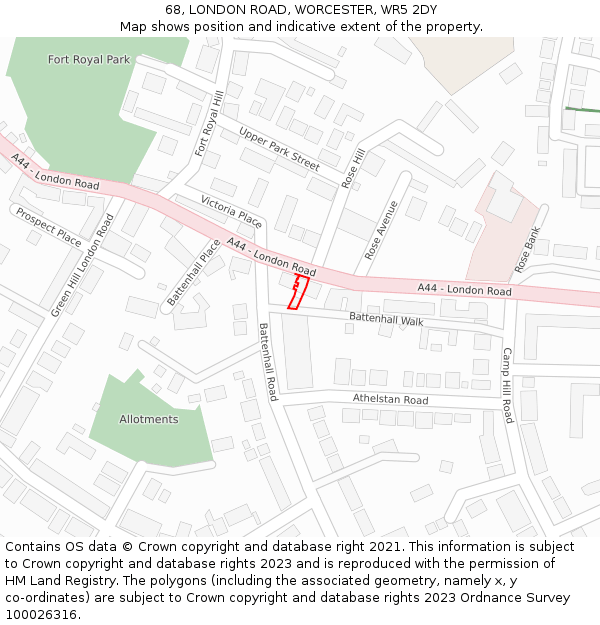 68, LONDON ROAD, WORCESTER, WR5 2DY: Location map and indicative extent of plot