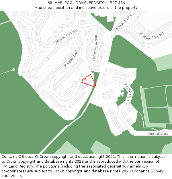 68, MARLPOOL DRIVE, REDDITCH, B97 4RX: Location map and indicative extent of plot