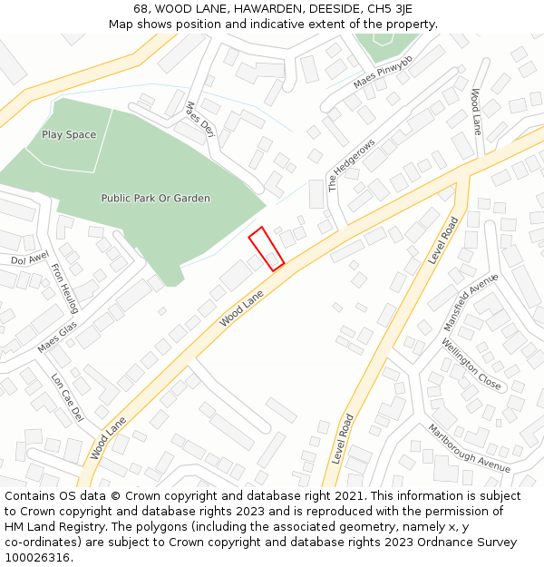 68, WOOD LANE, HAWARDEN, DEESIDE, CH5 3JE: Location map and indicative extent of plot