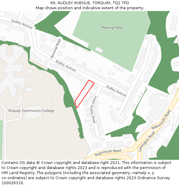 69, AUDLEY AVENUE, TORQUAY, TQ2 7PD: Location map and indicative extent of plot