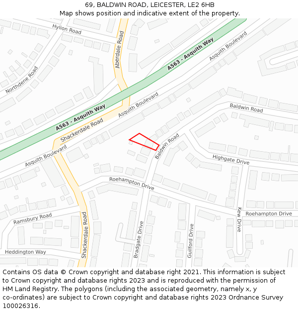 69, BALDWIN ROAD, LEICESTER, LE2 6HB: Location map and indicative extent of plot