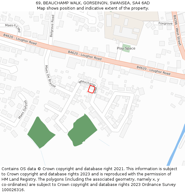 69, BEAUCHAMP WALK, GORSEINON, SWANSEA, SA4 6AD: Location map and indicative extent of plot