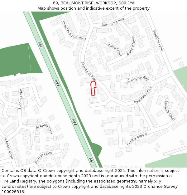 69, BEAUMONT RISE, WORKSOP, S80 1YA: Location map and indicative extent of plot