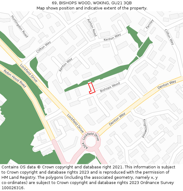 69, BISHOPS WOOD, WOKING, GU21 3QB: Location map and indicative extent of plot