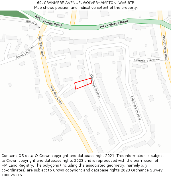 69, CRANMERE AVENUE, WOLVERHAMPTON, WV6 8TR: Location map and indicative extent of plot