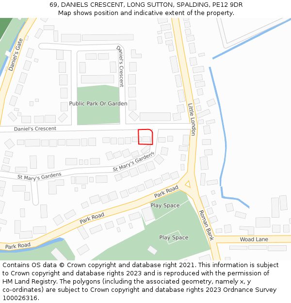 69, DANIELS CRESCENT, LONG SUTTON, SPALDING, PE12 9DR: Location map and indicative extent of plot