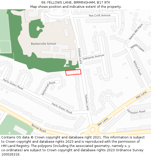 69, FELLOWS LANE, BIRMINGHAM, B17 9TX: Location map and indicative extent of plot