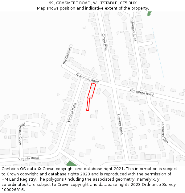 69, GRASMERE ROAD, WHITSTABLE, CT5 3HX: Location map and indicative extent of plot