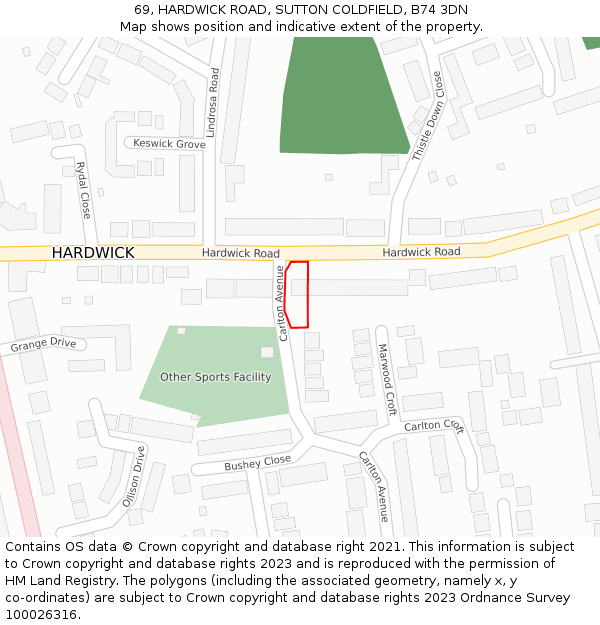 69, HARDWICK ROAD, SUTTON COLDFIELD, B74 3DN: Location map and indicative extent of plot