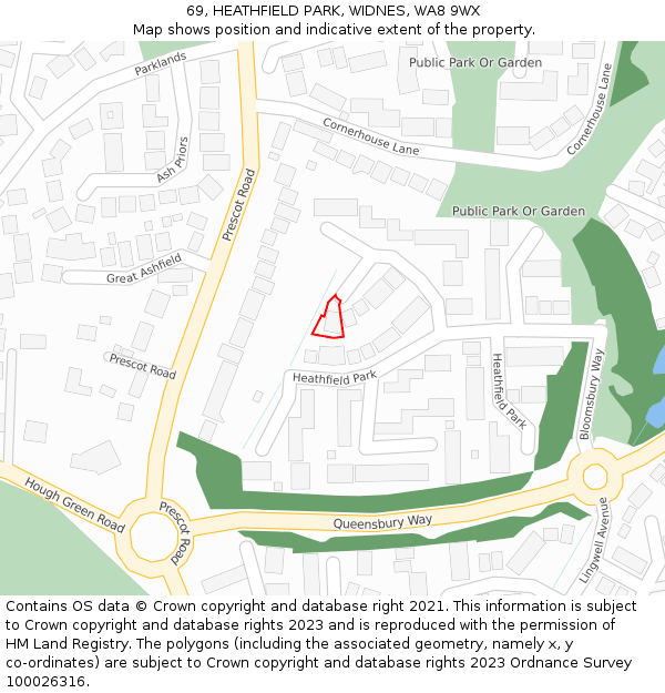 69, HEATHFIELD PARK, WIDNES, WA8 9WX: Location map and indicative extent of plot