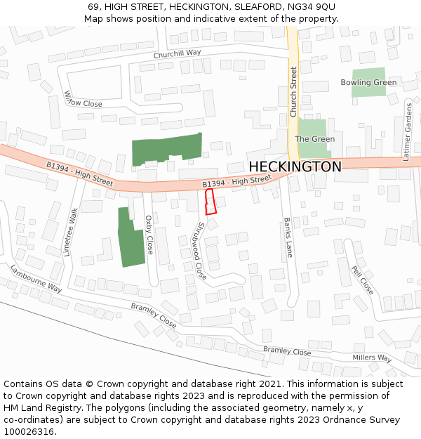69, HIGH STREET, HECKINGTON, SLEAFORD, NG34 9QU: Location map and indicative extent of plot
