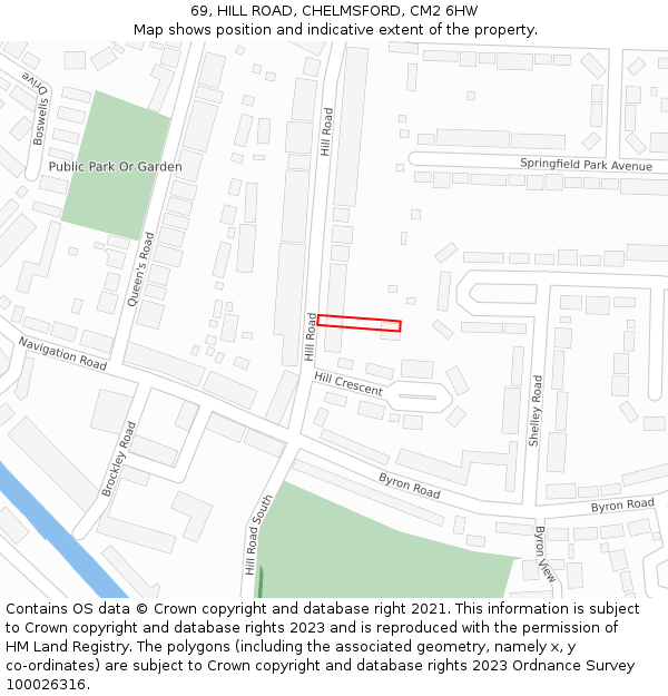 69, HILL ROAD, CHELMSFORD, CM2 6HW: Location map and indicative extent of plot