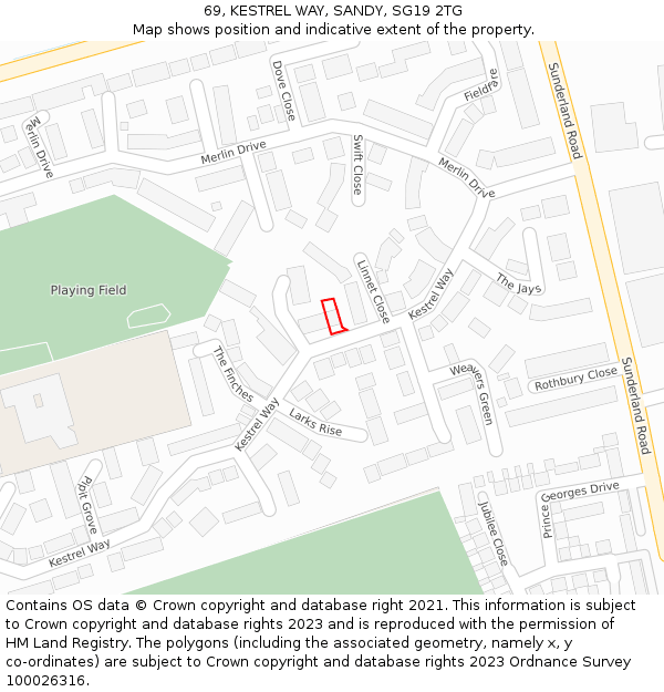69, KESTREL WAY, SANDY, SG19 2TG: Location map and indicative extent of plot