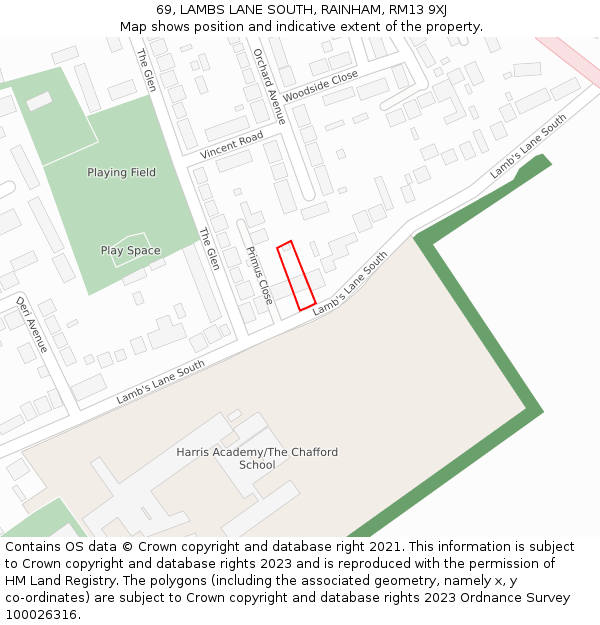 69, LAMBS LANE SOUTH, RAINHAM, RM13 9XJ: Location map and indicative extent of plot