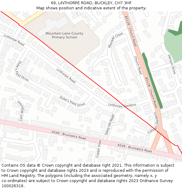 69, LINTHORPE ROAD, BUCKLEY, CH7 3HF: Location map and indicative extent of plot